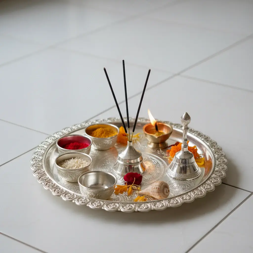 Vedic puja thali with sacred items